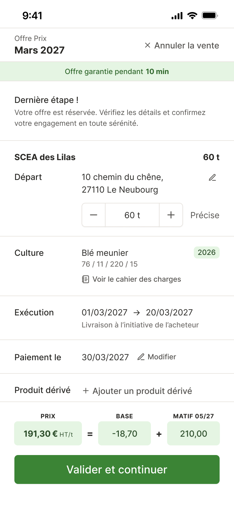 Écran Maison Sources permettant de renseigner le tonnage à vendre