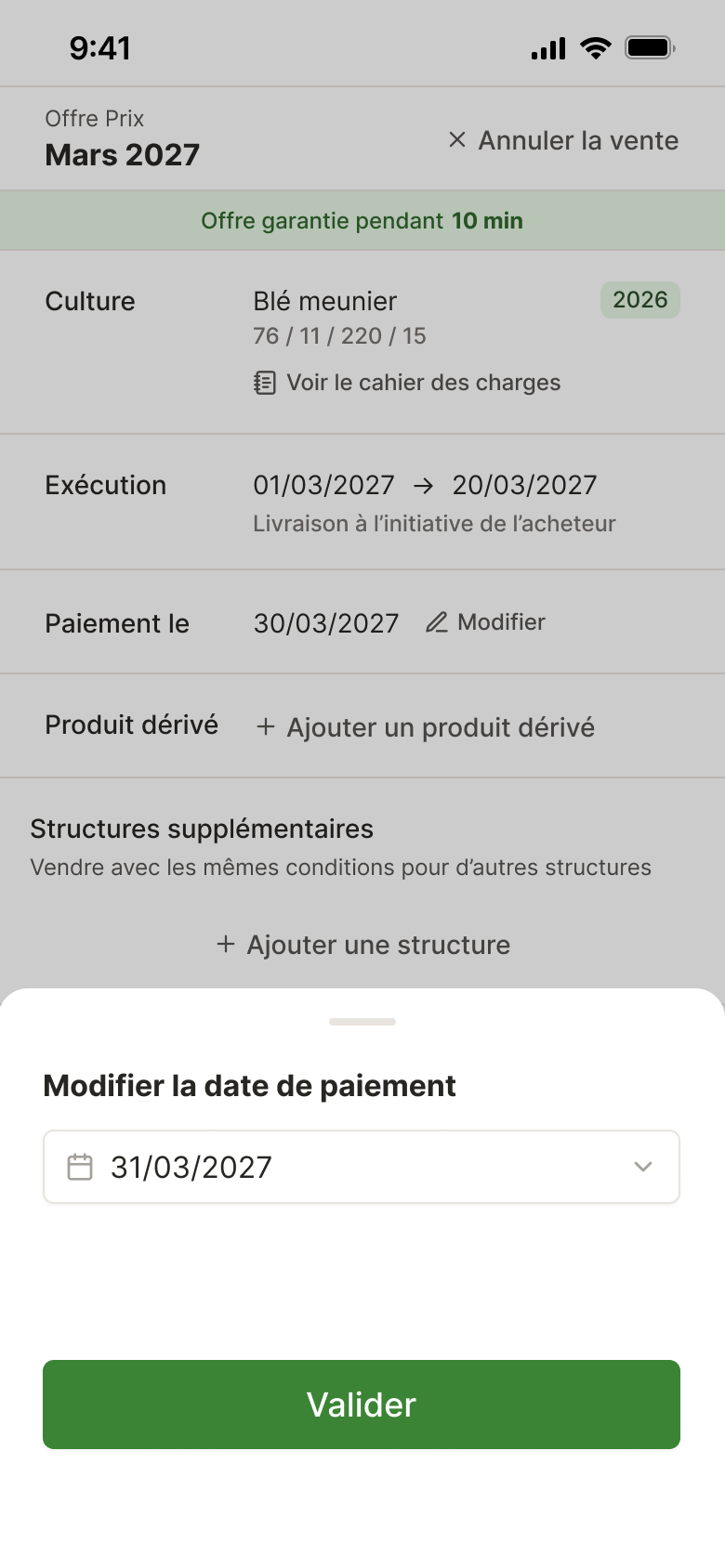 Fenêtre Maison Sources permettant de modifier la date de paiement