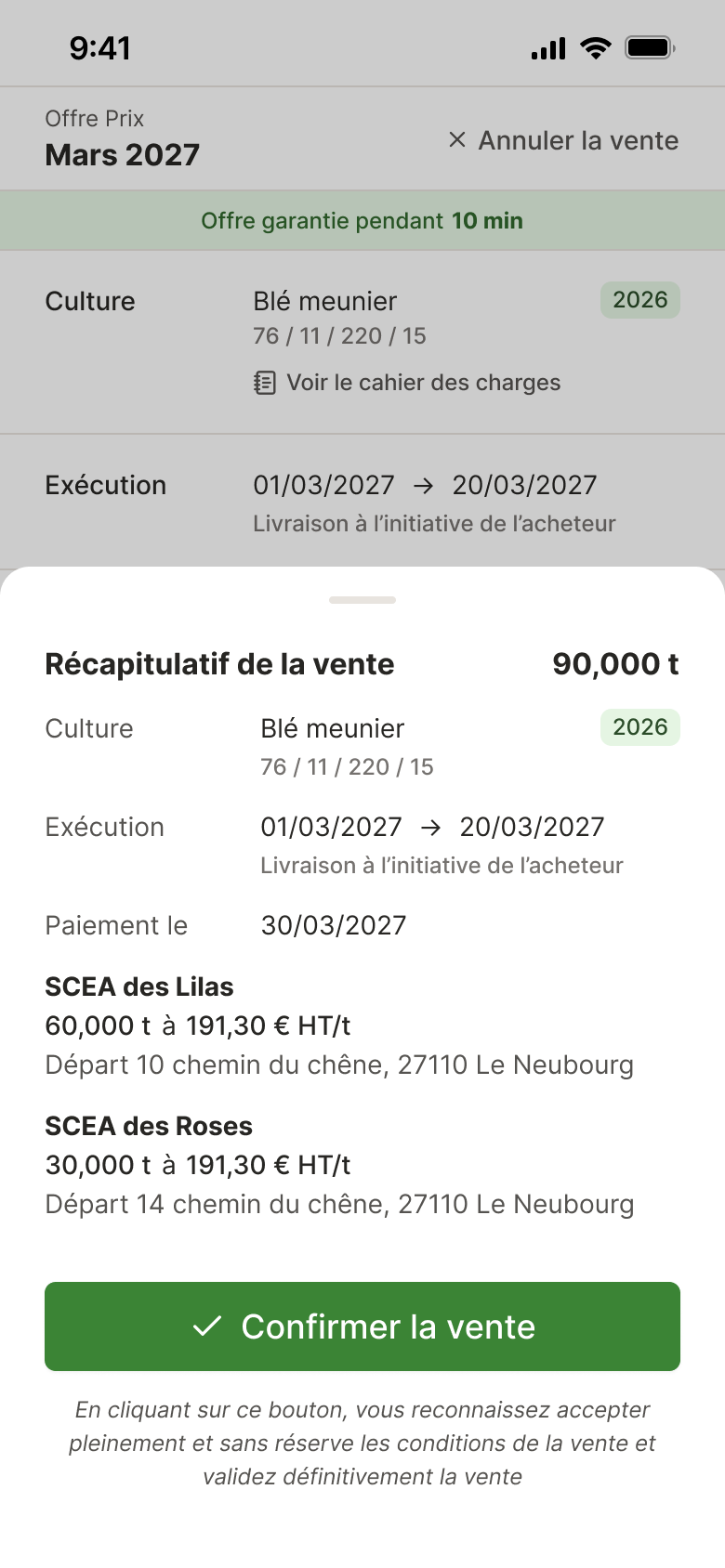 Récapitulatif d'une vente avant confirmation dans Maison Sources
