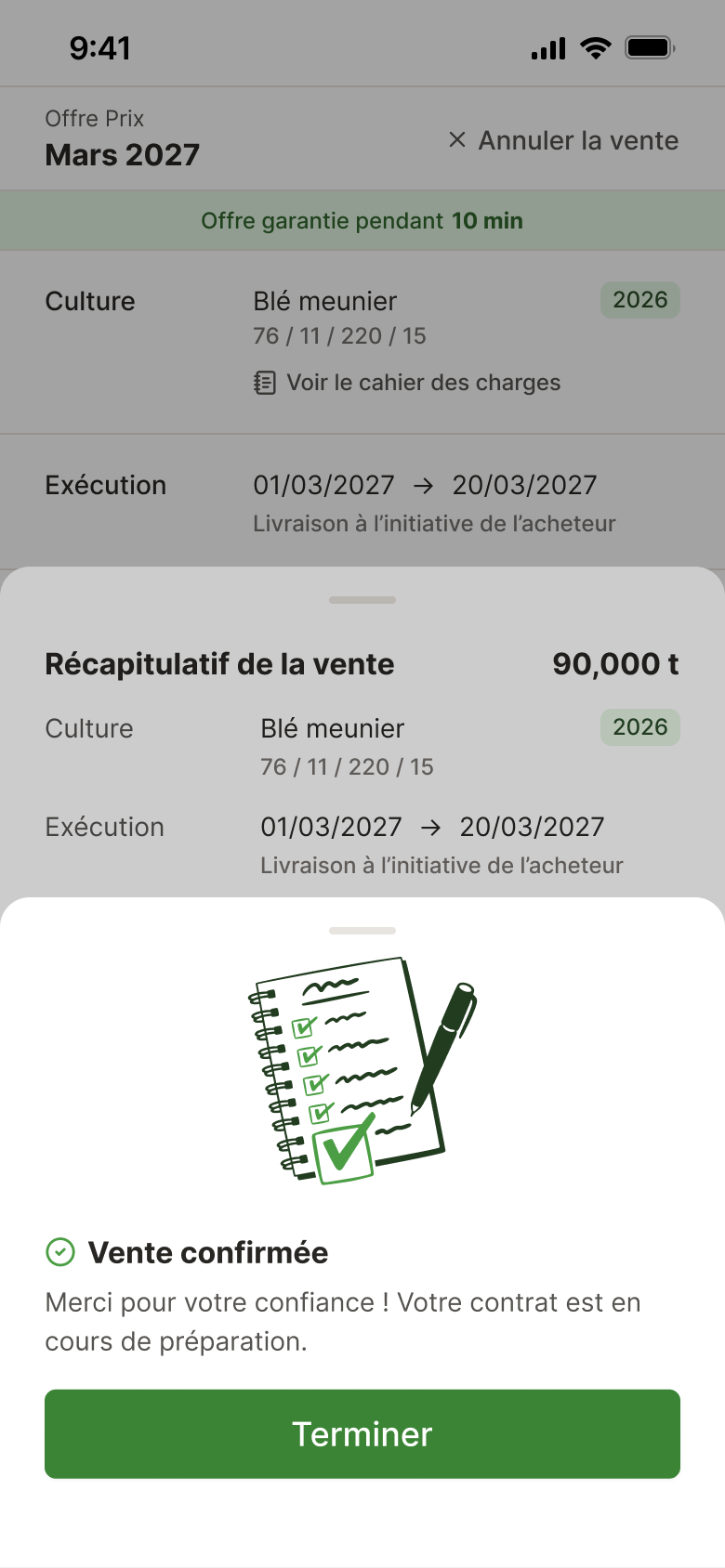 Message de confirmation d'une vente dans Maison Sources